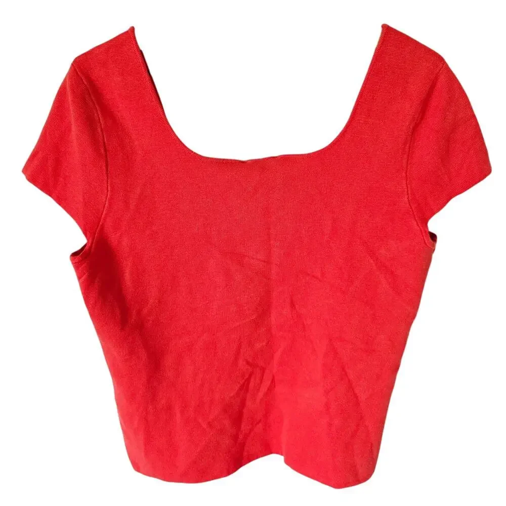 Tahari Hibiscus Red Square Neck Knit Top Size L Short Sleeve NWT